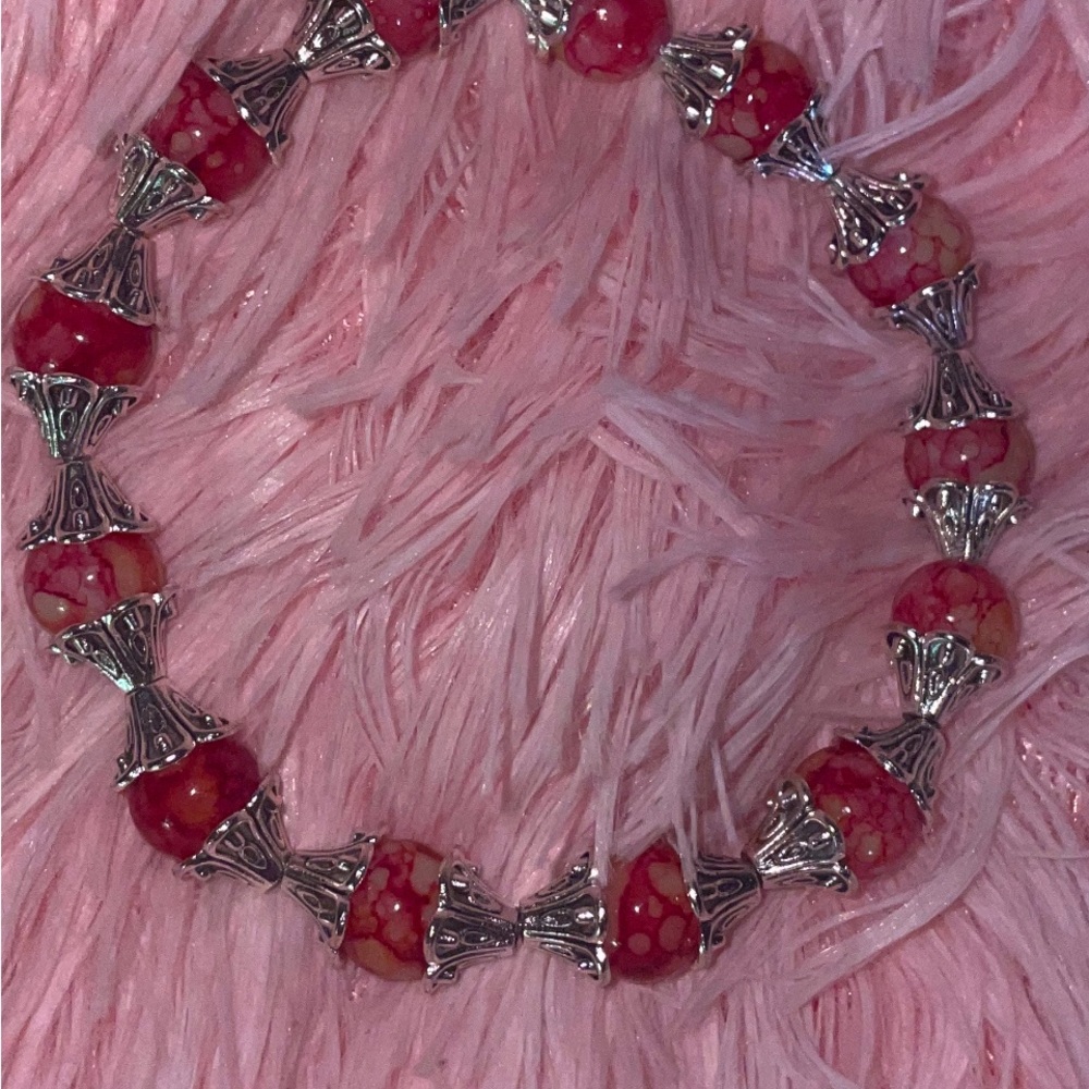 Red Beaded Bracelet with Silver Accents